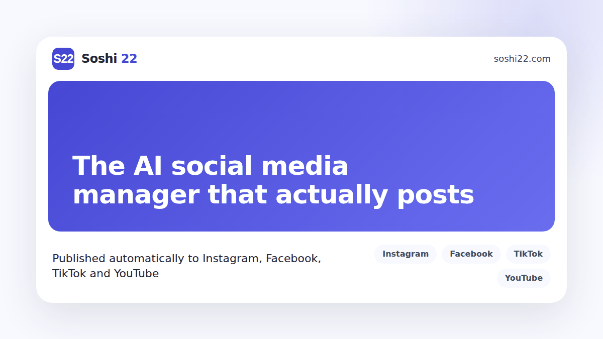 Soshi 22 branded post card about an AI social media manager for small business, with Instagram, Facebook, TikTok and YouTube icons