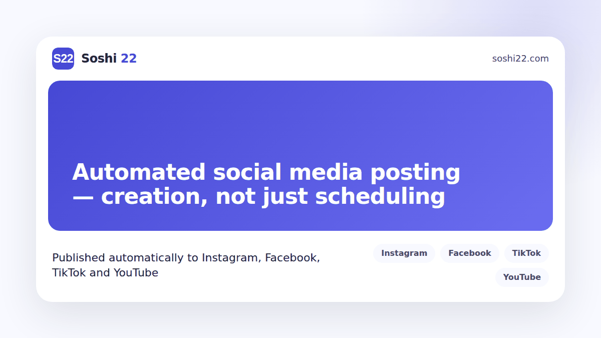 Soshi 22 branded post card about automated social media posting for small business