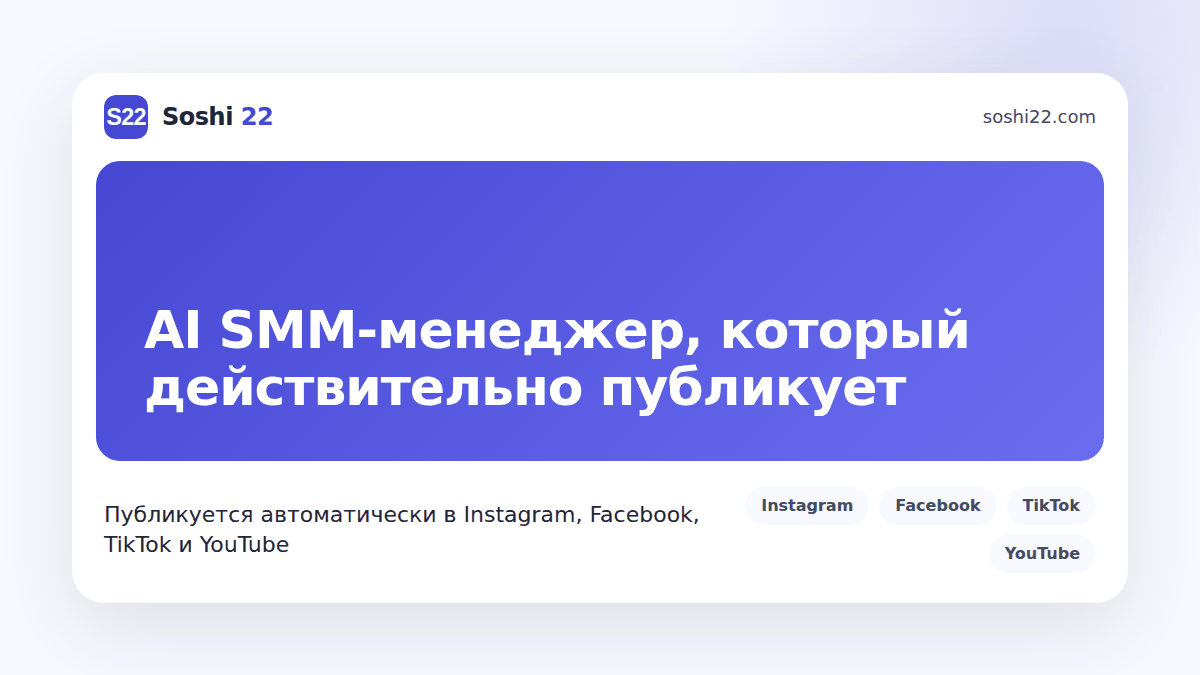 Брендированная карточка поста Soshi 22 об AI SMM-менеджере для малого бизнеса, со значками Instagram, Facebook, TikTok и YouTube
