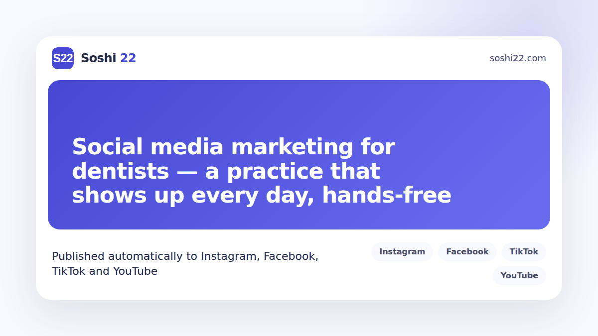 Soshi 22 branded post card about social media marketing for dentists